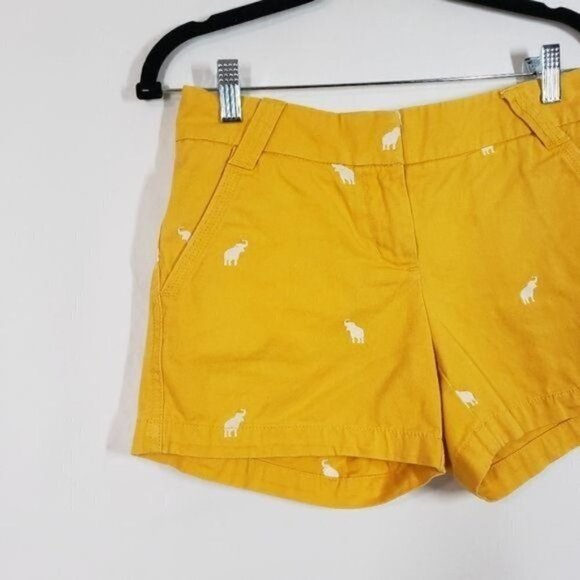 J. Crew Yellow Embroidered Elephant Chino Shorts Boho‎ Summer Boat Shorts sz 0 - Picture 2 of 9